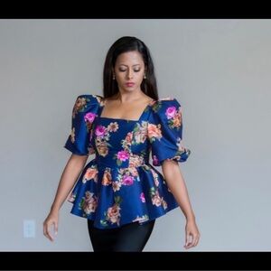 Navy Floral Puff Sleeve Blouse